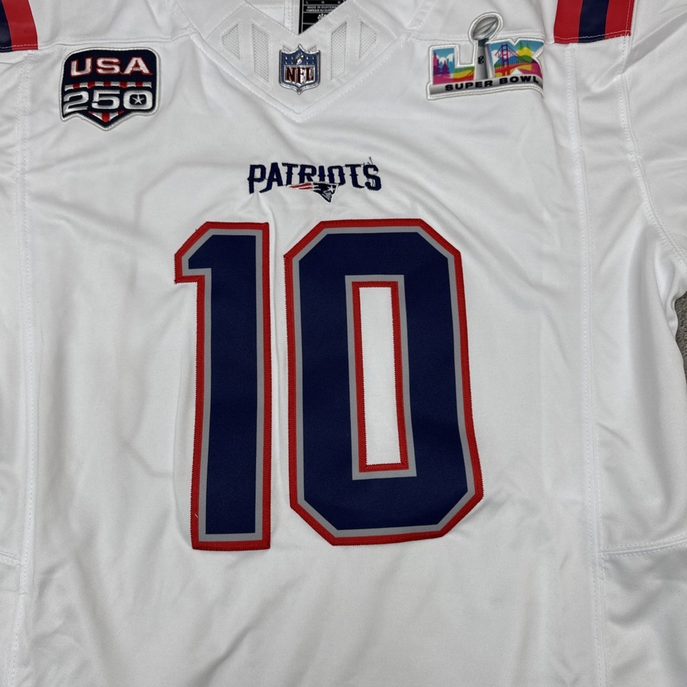 Nike Drake Maye Super Bowl 60 LX Patch Game Jersey New England Patriots White - Picture 5 of 13